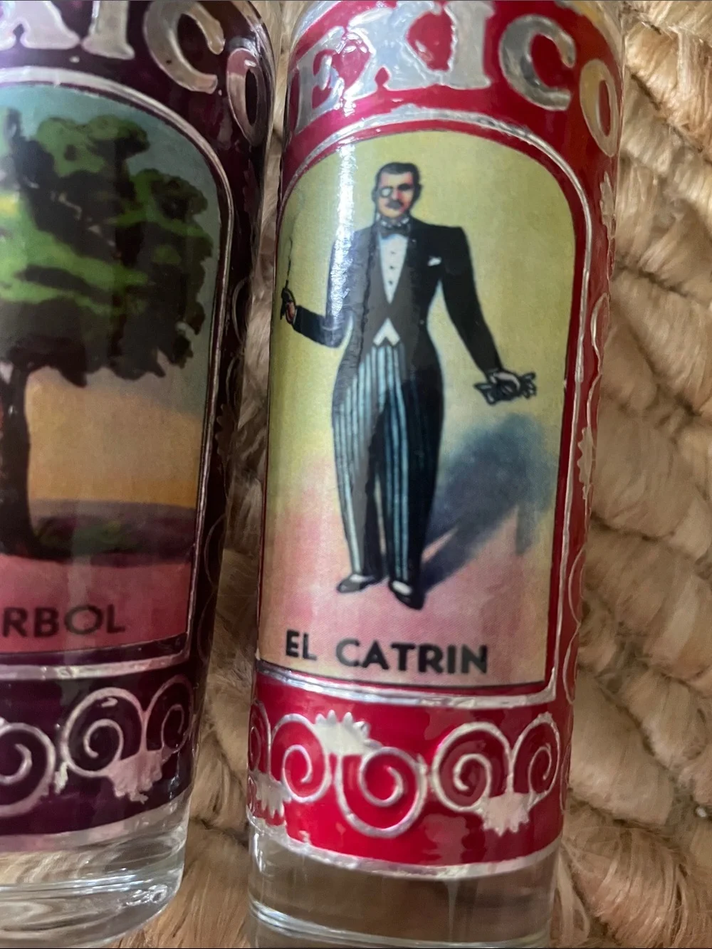 Set of 3 Mexico Lotería Style Shot Glasses - Green, Red, Purple